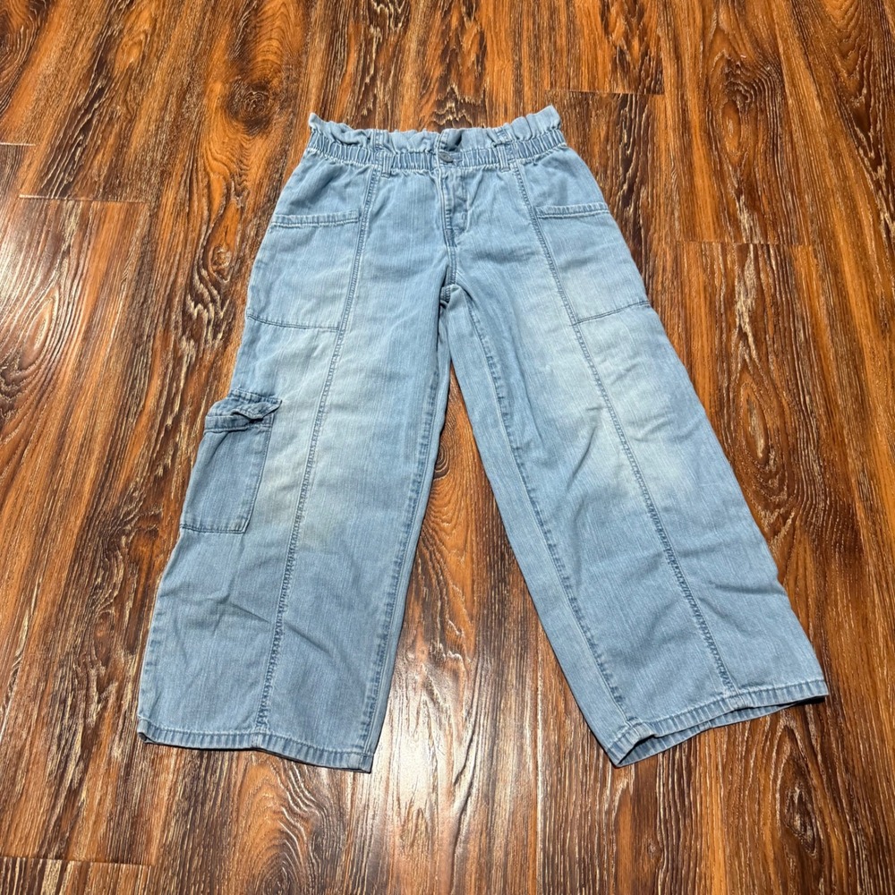 OshKosh 14 Cargo Wide Leg Pants Kids Blue Paperbag Waist Lightweight Denim